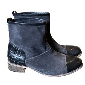 Diba True gray suede and back leather cap toe silver studded ankle boots